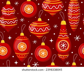 Seamless pattern with red Christmas balls on a dark red background. New year's toys, decor for christmas tree, snowflakes. Pattern for New Year's wrapping paper, cards, decor, fabric.