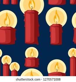 Seamless pattern. Red Christmas candle, burning wax candle. Flat vector illustration on dark blue background.