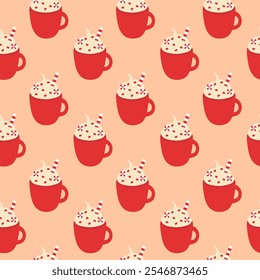 Seamless Pattern. Red Christmas cup with whipped cream, lollipops. Winter drink. Vector flat illustration.