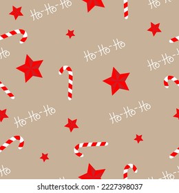Seamless pattern with red christmas stars, caramel cane on beige background. Design for fashion, fabric, textile, packaging paper.