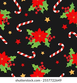 Seamless pattern with red christmas stars, caramel cane, Christmas star, holly on black background. Design for fashion, fabric, textile, packaging paper.