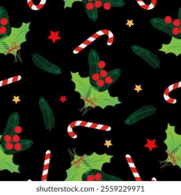 Seamless pattern with red christmas stars, caramel cane, Christmas star, holly on black background. Design for fashion, fabric, textile, packaging paper.