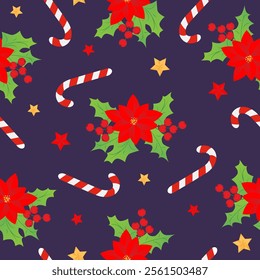 Seamless pattern with red christmas stars, caramel cane, Christmas star, holly on purple background. Design for fashion, fabric, textile, packaging paper.