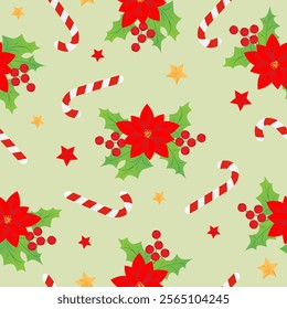 Seamless pattern with red christmas stars, caramel cane, Christmas star, holly on green background. Design for fashion, fabric, textile, packaging paper.