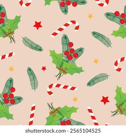 Seamless pattern with red christmas stars, caramel cane, Christmas star, holly on blue background. Design for fashion, fabric, textile, packaging paper.