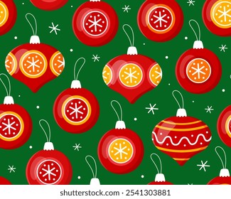 Seamless pattern with red Christmas toys, balls and icicles on a green background. Christmas toys, decor for christmas tree, snowflakes. Pattern for New Year's wrapping paper, fabric.