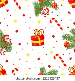 Seamless pattern with red christmas tree, gifts on white background. Design for fashion, fabric, textile, packaging paper.