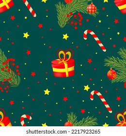 Seamless pattern with red christmas tree, gifts on green background. Design for fashion, fabric, textile, packaging paper.