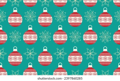 Seamless pattern with red Christmas tree balls and snowflake on green background in retro style. Design for wallpaper, greeting card, flyer, poster, packaging, wrapping. Doodle vector illustration. 