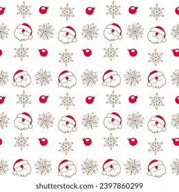 Seamless pattern with red Christmas tree balls snowflake and santa claus on white background. Design for wallpaper, greeting card, flyer, poster, packaging, wrapping. Doodle vector illustration. 
