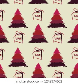 Seamless pattern with red christmas trees and gift boxes.