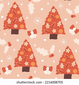 Seamless pattern with red christmas trees