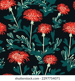 Seamless pattern with red chrysanthemums on dark background. decorative elements wallpaper