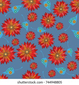Seamless pattern of red chrysanthemums on a blue background