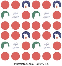 Seamless pattern with red circles and polar bears. Xmas. 