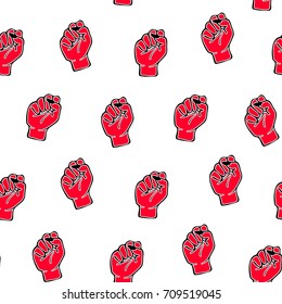 Seamless pattern with red clenched female fists, feminism symbols. Gender equality, women's rights theme. Modern illustration. White background.