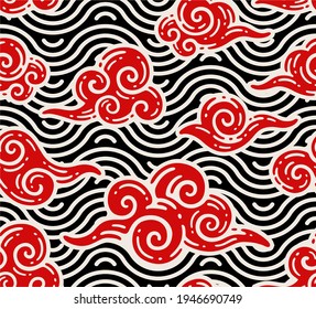 seamless pattern of red clouds with sea ornament in doodle vintage style