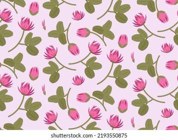 Seamless pattern with red clovers. Design with wildflowers in cartoon style.