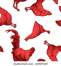 Seamless pattern with red cock and hen. Vector illustration in vintage engraved style on white background.  