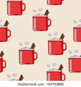 Seamless pattern with red cocoa mug and marshmallow on pastel beige background. Traditional christmas drink print. Hand drawn vector illustration. 