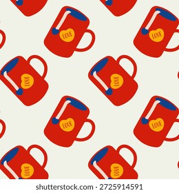 Seamless pattern with red coffee mugs and love text. Cute flat vector illustration in modern cartoon style. Cozy romantic design for Valentine’s Day, suitable for textile, wallpaper and wrapping paper.

