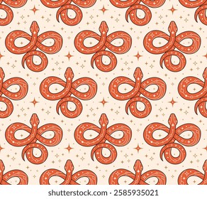 Seamless pattern with red coiled snake and gold stars, stars on pastel background. Perfect for fabric design, packaging, wrapping paper. Vector Illustration in flat style