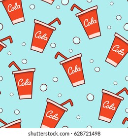 seamless pattern with a red cola cup. cola on a blue background. vector pattern. cartoon style