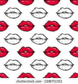 Seamless pattern with red color and colorless doodle lips. Hand drawn female lips isolated on white background. Contrast concept.