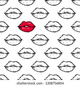 Seamless pattern with red color and colorless doodle lips. Hand drawn female lips isolated on white background. Contrast concept.