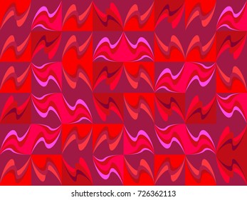 Seamless pattern from red color tiles and waves background. Abstract vector waves motion pattern from red square tiles illustration.