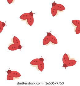 Seamless pattern with red colorful hand drawn ladybugs. Template design for invitation, poster, card, textile, fabric, package, wallpaper. Cute spring & summer vector illustration for baby. 