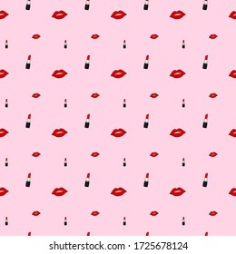 Patrón sin brillo en colores rojos con labios, lápiz labial en fondo rosado.