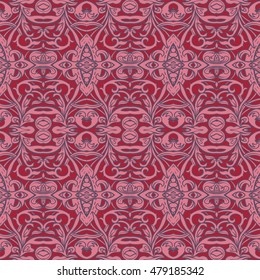 Seamless pattern in red colors in rococo style, victorian style, in renaissance style, in baroque style. Vector illustration. 