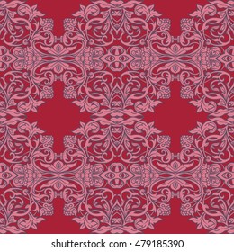 Seamless pattern in red colors in rococo style, victorian style, in renaissance style, in baroque style. Vector illustration. 