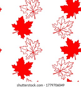 Seamless pattern of red contoured silhouette maple leaves isolated on a white background. Simple vector texture for fabric, invitations, home textiles. Concept of autumn, forest, leaf fall