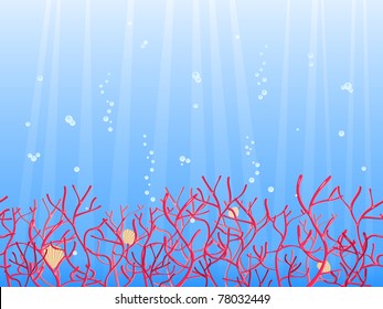 Seamless Pattern of Red Coral and Bubbles in Blue Ocean. Vector Illustration