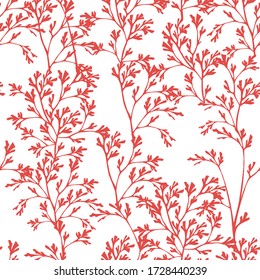 Seamless pattern of red coral seaweeds silhouettes flat vector illustration on white background