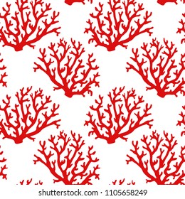 Seamless pattern with red coral silhouettess on white background