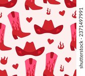 Seamless pattern with red cowboy boots, hats, hearts and flames. Vector flat background with cowgirl accessories