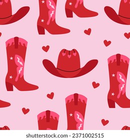 Patrón sin foco con botas de vaquero rojas, sombreros y corazones. Fondo plano vectorial con accesorios de vaquera