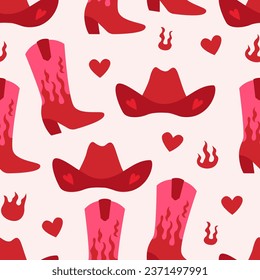 Patrón sin foco con botas de vaquero rojas, sombreros, corazones y llamas. Fondo plano vectorial con accesorios de vaquera