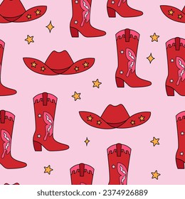 Seamless pattern with red cowboy boots, hats and stars. Vector retro background with cowgirl accessories