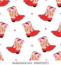 Seamless pattern with red cowboy boots. Retro cowgirl boots with fashion print. Groovy American western footwear. Cowboy western theme, wild west, texas. Hand drawn trendy design