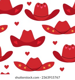 Patrón sin foco con sombreros y corazones de vaquero rojos. Fondo plano vectorial con accesorios de vaquera lindos