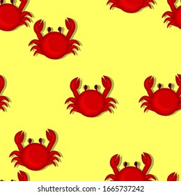 Seamless pattern of red crab creeps on the yellow sand. Kids cute illustration in flat style. Marine, summer and travel theme. Good for  bright print for childish clothes.