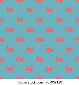 Seamless Pattern with red crab on blue background. Vector Illustration.
