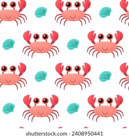 Seamless pattern with red crab and shell. Cute cartoon childish print. Underwater animals on white background. Graphic vector design for textile, wrapping paper, wallpaper, print or fabric.