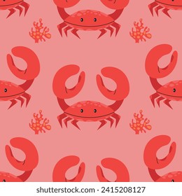 Seamless pattern with red crabs on pink background. Vector illustration.