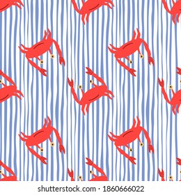 Seamless pattern with red crabs ornament. Cartoon wild animal print on blue striped background. Designed for fabric design, textile print, wrapping, cover. Vector illustration.