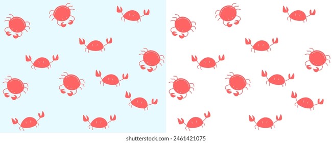 Seamless pattern with red crabs. Seabed, crayfish on blue. Suitable for design and printing on fabric. Vector illustrations isolated on azure and white background in flat style